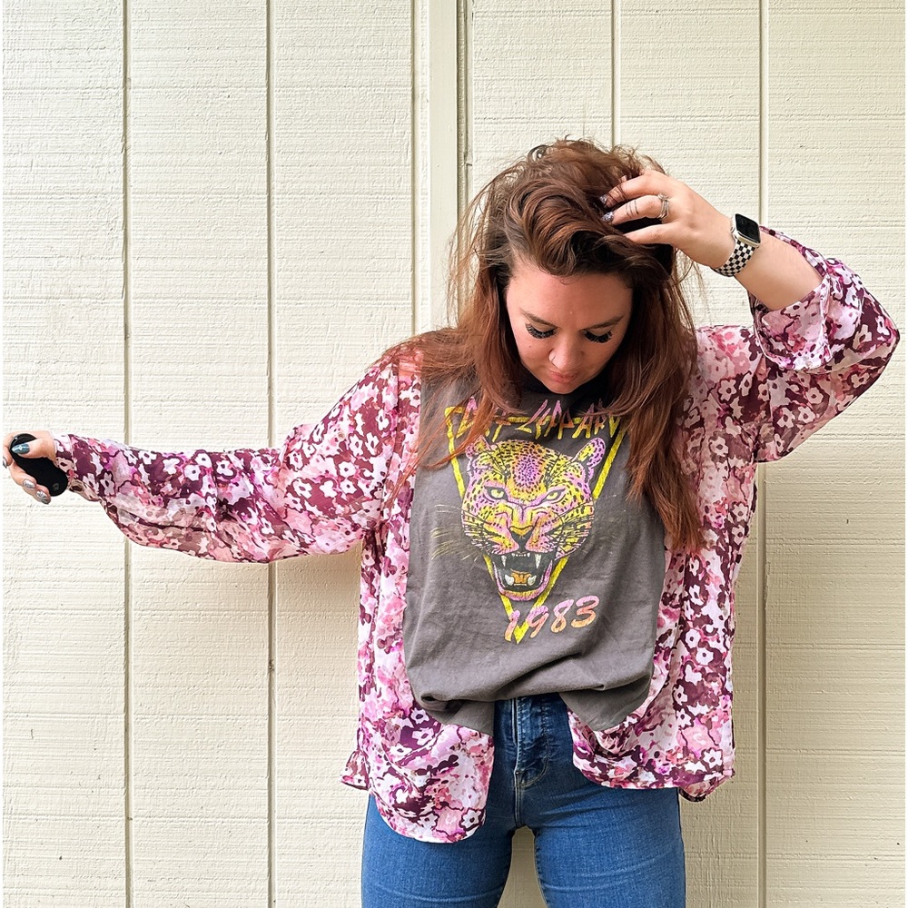 SOLD Upcycle Def Leppard Boho Floral Semi Sheer Top Blouse - One Of A Kind - Picture 5 of 15